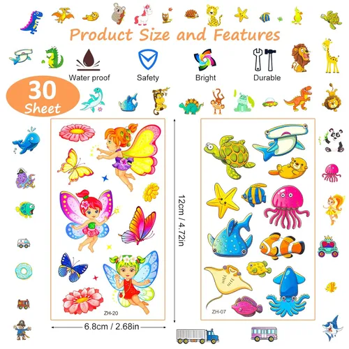 Miniatura 6 de Habett Tatuajes temporales para niños, más de 300 estilos mixtos de tatuajes temporales para niñas y niños, espacio de automóvil, dinosaurio