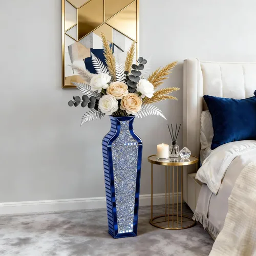 Miniatura 6 de SHYFOY Jarrón de piso de diamante triturado azul, grandes jarrones altos con espejo para piso, modernos jarrones decorativos de vidrio para sala