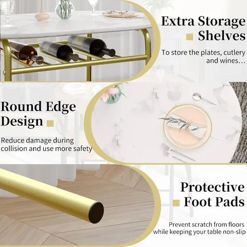Miniatura 4 de VECELO juego de mesa de comedor de 3 piezas para cocina o desayunador, con superficie ovalada de grano de madera y estructura de metal con estante