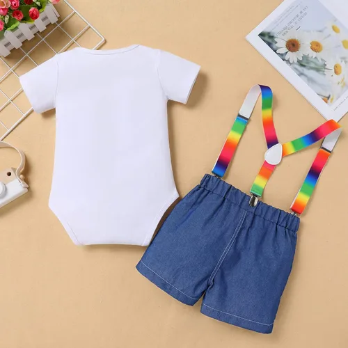 Miniatura 2 de IMEKIS Toddler Baby Boys Melon Birthday Outfit Romper T-shirt + Jeans Shorts + Suspenders Rainbow Cake Smash Photo Shoot 1-5T