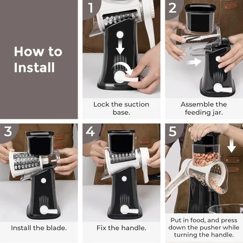 Miniatura 6 de X Home Rallador de queso giratorio para cocina, triturador con 3 cuchillas intercambiables, rallador giratorio con mango y base de succión fuerte