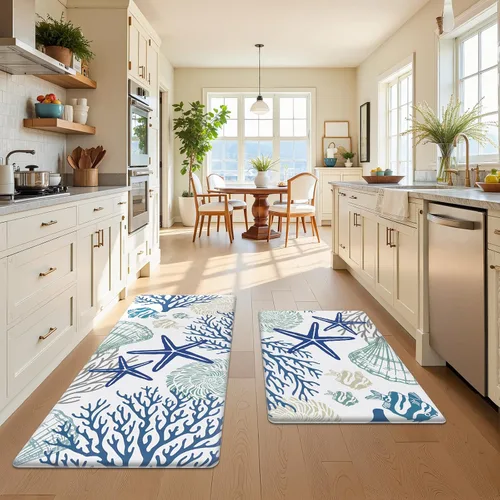 Miniatura 6 de SHACOS Coastal Beach - Juego de 2 tapetes de cocina antifatiga con temática de mar, conchas de estrella de mar azul, peces tropicales corales, 17 x