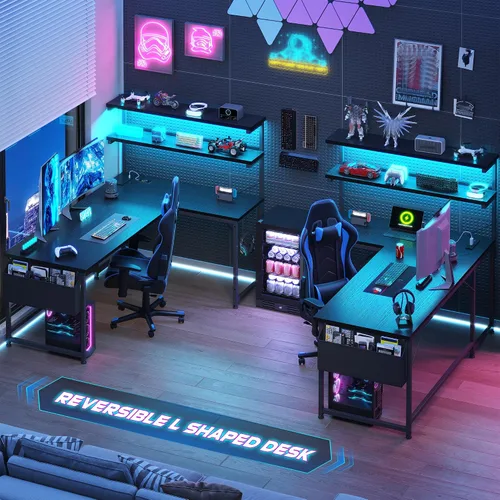 Miniatura 2 de DurayLoly Escritorio en forma de L para juegos con luz LED y toma de corriente, escritorio reversible en forma de L para computadora de 43.3