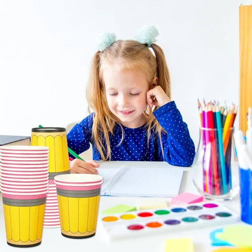 Miniatura 5 de Whaline 50 vasos de papel para el regreso a la escuela, 9 onzas, diseño de lápiz amarillo, tazas desechables para café, té, aperitivos, aula, primer