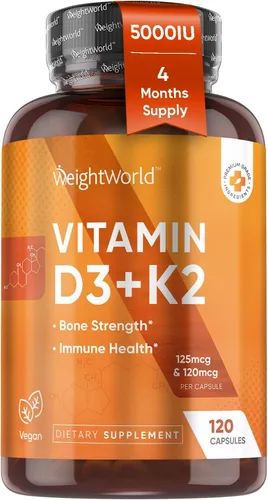 WeightWorld Vitamina D3 K2 5000IU Cápsulas para fortaleza ósea, dientes, salud inmunológica y máxima absorción de calcio – 120 unidades – K2 D3
