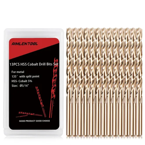 Miniatura 9 de Juego de 13 brocas de cobalto, M35 HSS, SAE (1/16 - 1/4 pulgadas), punta de 135°, kit de brocas de longitud de giro para metal endurecido, acero