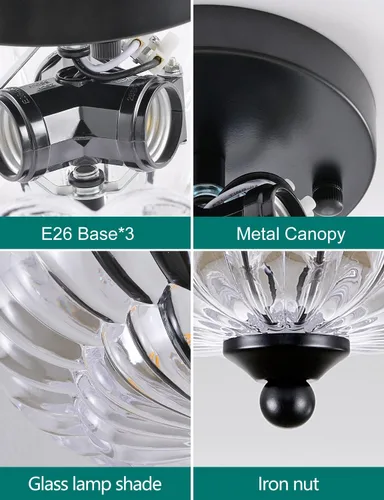 Miniatura 4 de Lámpara de techo semiempotrada de 3 luces, cristal vintage con marco de metal negro, iluminación moderna cerca del techo para dormitorio, cocina