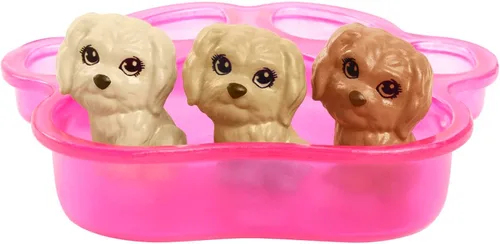 Miniatura 4 de Barbie Juego de muñecas y mascotas, color rubio con mamá perro, 3 cachorros recién nacidos con función de cambio de color y accesorios para mascotas