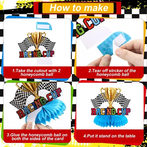 Miniatura 6 de 12 piezas temáticas de decoración de fiesta de cumpleaños de coche de carreras, centros de mesa 3D de doble cara para cabina de fotos, suministros