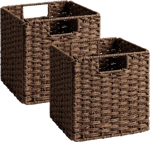 Miniatura 13 de StorageWorks Cestas de mimbre de 11 pulgadas, cubos de almacenamiento tejidos a mano con asas, cesta plegable de cuerda de papel para organizar