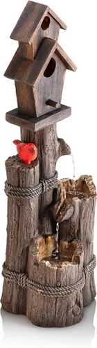 Alpine Corporation Fuente de Agua para Pajareras de 3 Niveles de 35 Pulgadas de Alto para Exteriores con Acento de Cardenal, Decoración Rústica de