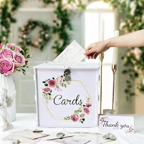 Miniatura 4 de OurWarm Caja de tarjetas de boda blanca de PVC con cerradura, caja de tarjeta de regalo para recepción de boda, caja de sobres de dinero de boda