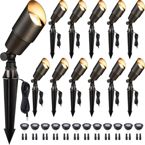 Miniatura 10 de Gardenreet Foco LED para exteriores, latón fundido a presión de 12 V con iluminación hacia arriba, impermeable, luces de paisaje de bajo voltaje