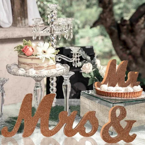 Miniatura 6 de Señal de Mr & Mrs para mesa de boda, letrero grande de madera de oro rosa con texto en inglés "Mr and Mrs & Just Married", decoración de mesa