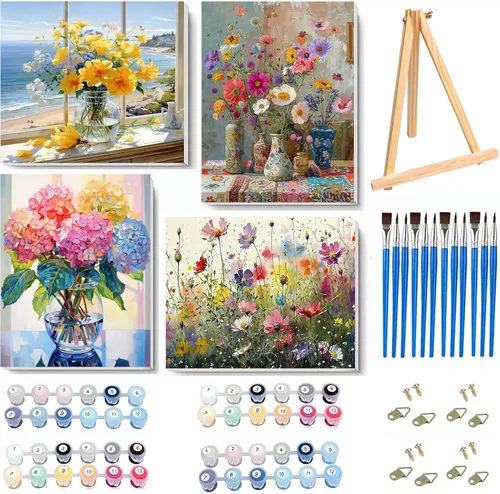 Miniatura 18 de VIGEGU Paquete de 4 pinturas por números para adultos, lienzo enmarcado, con caballete de madera, pintura por números para niños de 8 a 12 años