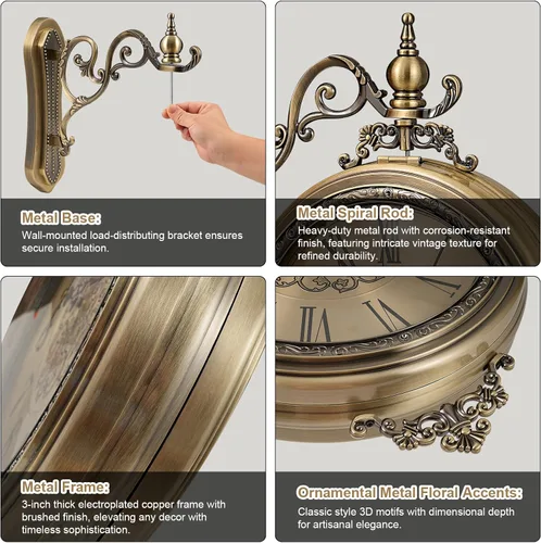 Miniatura 6 de Reloj de pared grande vintage de doble cara con cristal y metal, números romanos y árabes, silencioso sin tictac, funciona con pilas, reloj antiguo