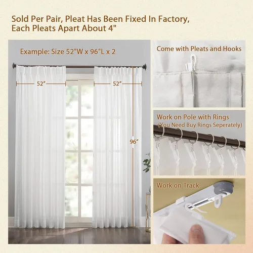 Miniatura 5 de 2 paneles de cortinas plisadas blancas para ventana de 54 pulgadas de largo, cortinas semitransparentes con rayas verticales que filtran suavemente
