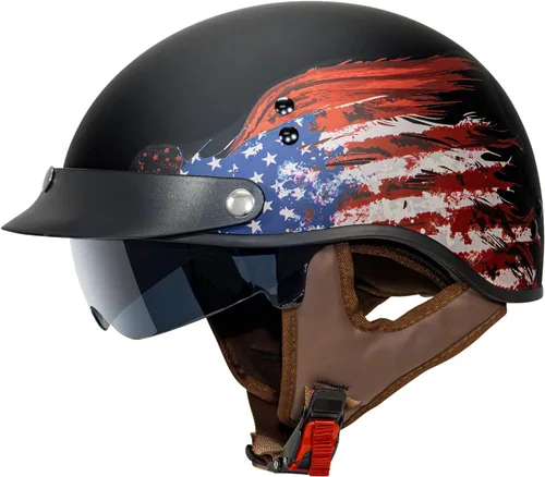 Miniatura 8 de VCAN Cruiser - Casco de motocicleta de media cara con visera abatible, pico extraíble y hebilla de liberación rápida Bandera negra brillante