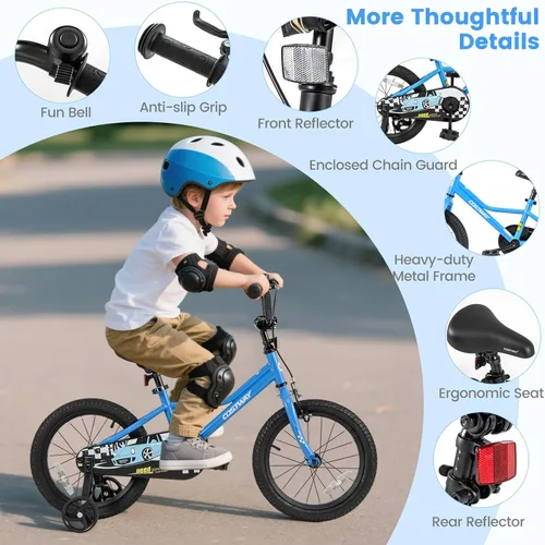 Miniatura 8 de COSTWAY Bicicleta para niños de 12/14/16/18 pulgadas, bicicleta de entrenamiento para niños y niñas con ruedas de entrenamiento extraíbles, Azul