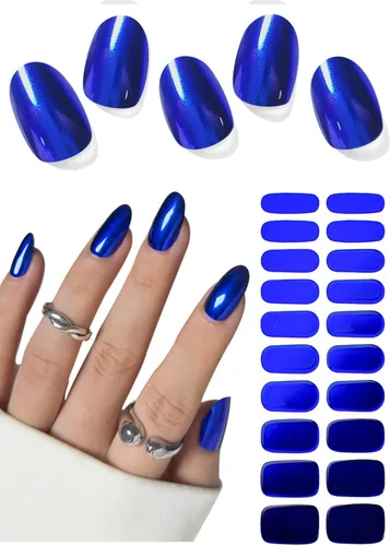 Tiras adhesivas de uñas de gel semicuradas, 20 pegatinas adhesivas UV de color azul cromo, envolturas para manicura casera DIY