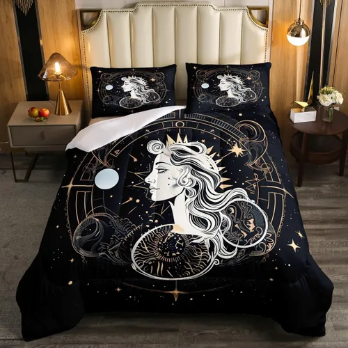 Miniatura 17 de Erosebridal Juego de ropa de cama de calavera de vaca bohemia tamaño individual para vaquero occidental, diseño de cactus y esqueletos negros, juego