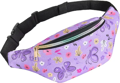 QtGirl Riñonera para niños, bolsa de cintura con purpurina brillante con cinturón ajustable para niños, correr, acampar, viajes