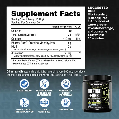 Miniatura 4 de NutraBio Creatina + HMB - Monohidrato de creatina con HMB en polvo para el crecimiento muscular, mayor fuerza - 30 porciones (Blue Razz)