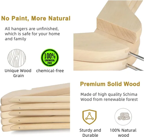 Miniatura 2 de TOPIA HANGER Perchas de madera natural sin terminar, paquete de 18 unidades, gancho giratorio de 360° y muescas de hombro cortadas suavemente