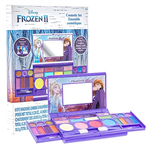 Disney Frozen - Juego de maquillaje para niñas, incluye brillo de labios, sombra de ojos con purpurina, rubor con purpurina y pinceles, regalo para