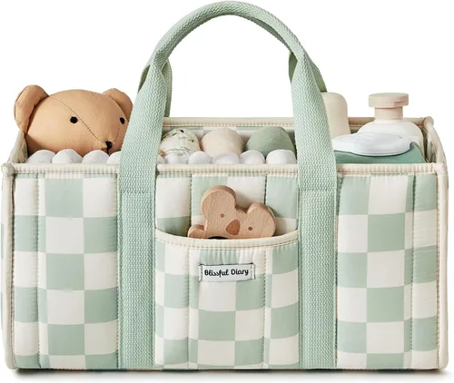 Blissful Diary Organizador de pañales a cuadros, elegante cesta de almacenamiento para guardería, regalo para baby shower, artículos esenciales para