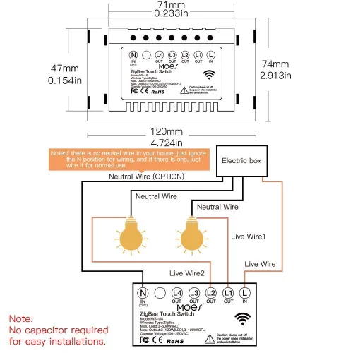 Miniatura 7 de MOES ZigBee - Interruptor de luz de pared táctil inteligente, requiere Tuya ZigBee Hub, sin cable neutro/cableado N+L, sin condensador, Smart Life