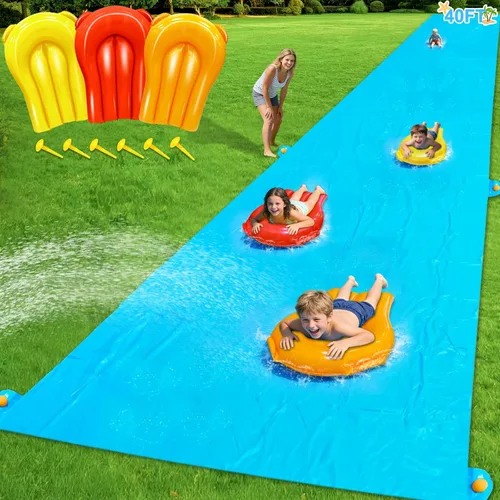 Miniatura 7 de iGeeKid Toboganes de agua de piña con 2 tablas de bodyboards para niños y adultos, juguetes de agua resistentes, aspersores, 2 carriles de carreras