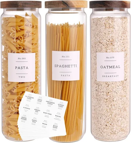 CZZGSM Juego de 3 tarros de almacenamiento de despensa de vidrio con tapa hermética de acacia, recipientes de cocina de vidrio grueso de 50 onzas