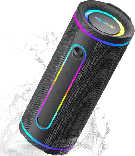 MLOVE Altavoces E80 Bluetooth inalámbricos, altavoz Bluetooth portátil con entrada auxiliar, ranura para tarjeta micro SD, Bass Up, TWS, luces RGB,