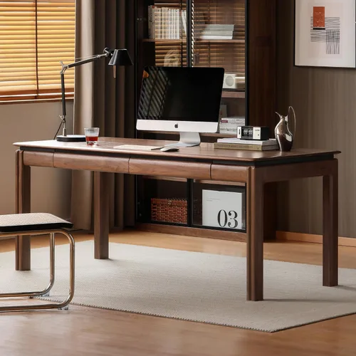 Miniatura 16 de Escritorio de madera maciza con acabado de nogal, escritorio pequeño para oficina en casa, escritorio de computadora para espacios pequeños