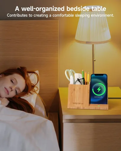 Miniatura 4 de Portaplumas de bambú para escritorio y organizador de mesita de noche con carga inalámbrica rápida para iPhone, Samsung y más – Accesorios