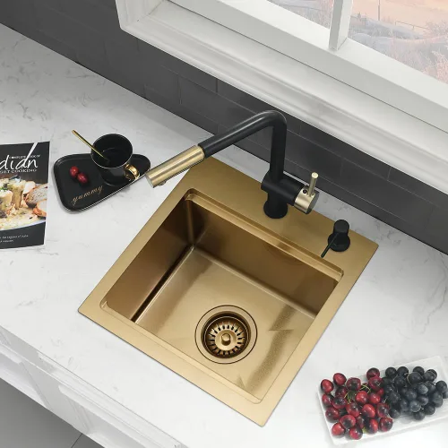 Miniatura 4 de In-VASOYO - Fregadero de barra dorada de 15 pulgadas para fregadero de cocina pequeño de 15 x 15 pulgadas, fregaderos de barra húmeda, fregadero