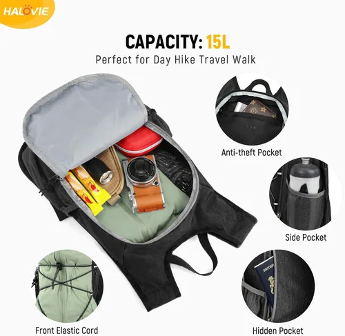 Miniatura 3 de HALOVIE Mochila de Senderismo Plegable de 15L Bolsillo para Teléfono Mochila de Día de Viaje Ligera para el Hombro con Correa para el Pecho Mochila
