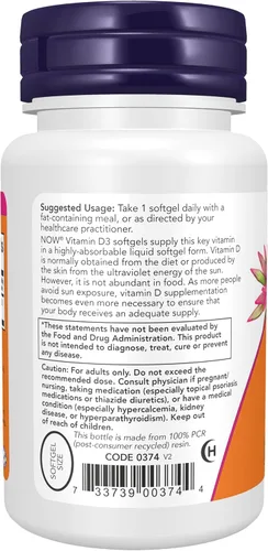 Miniatura 3 de Now Supplements, Vitamina D3 5,000 UI, Alta Potencia, Soporte Estructural*, 30 cápsulas blandas