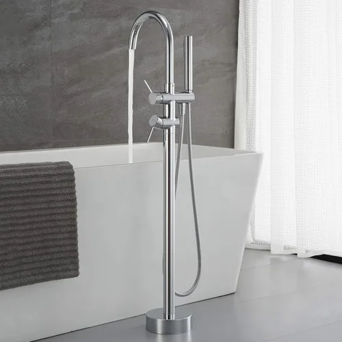 Miniatura 3 de Grifo de bañera independiente, grifos de llenado de bañera, grifos de baño de latón montados en el piso cromado con ducha de mano Cromo