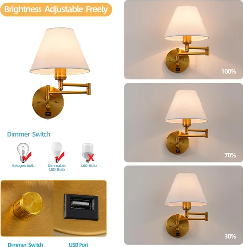 Miniatura 2 de Apliques de pared con brazo oscilante, lámpara de pared enchufable, lámpara de pared para dormitorio, pantalla de tela blanca, con interruptor Dorado