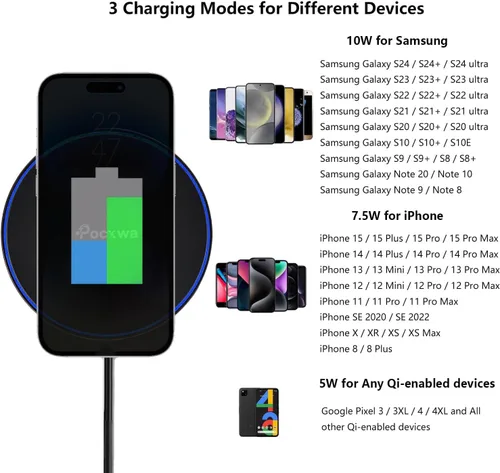 Miniatura 2 de Pocxwa Cargador inalámbrico de 15 W compatible con iPhone 15 Pro Max 14 13 12 11 XS XR X, Samsung Galaxy S24 S23 S22 S21 S20 S10 S9 S8, Note 20, LG