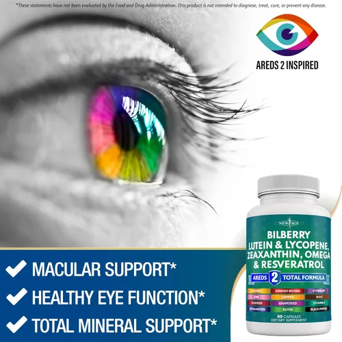 Miniatura 4 de NEW AGE Vitaminas para la salud ocular con arándano, luteína y zeaxantina, licopeno, resveratrol, extracto de semilla de uva, astaxantina, vitamina
