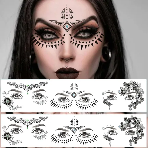 Miniatura 8 de Paquete de 9 calcomanías de maquillaje facial de ojos, impermeables, de encaje negro, tatuaje temporal para mujeres y niñas, Halloween, Navidad