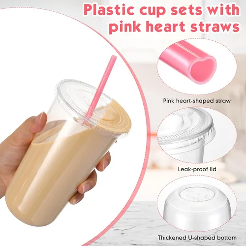 Miniatura 4 de Ziliny 50 Juegos de Vasos de Plástico Transparente con Pajitas y Tapas Rosas en Forma de Corazón, Vasos Desechables para Café Helado Drinking Pet