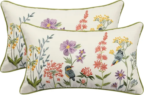 Miniatura 11 de Juego de 2 fundas de almohada bordadas de 16 x 16 pulgadas, diseño vintage de pájaros con flores, fundas de almohada de granja para almohada, fundas
