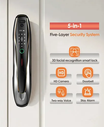 Miniatura 2 de Cerradura inteligente de reconocimiento facial 3D con cámara y manija, timbre de video, entrada sin llave 7 en 1, impermeable IP67, pantalla HD