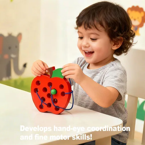 Miniatura 5 de Juguetes de cordones para niños pequeños, juguetes de viaje para bebés de madera con roscado de manzana, educación Montessori, aprendizaje