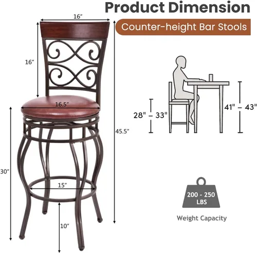 Miniatura 3 de Taburete de bar giratorio de 30 pulgadas de altura de asiento, taburetes de bar giratorios de 360 grados con asiento acolchado de cuero, sillas