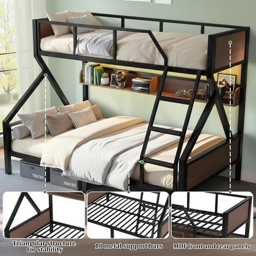Miniatura 3 de Litera individual XL sobre Queen con estantes de almacenamiento y luces LED, marco de cama de metal resistente con escaleras, diseño sin ruido, cama